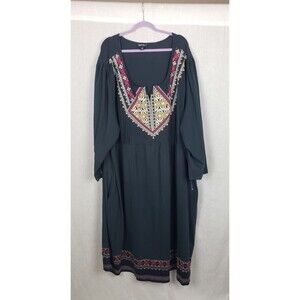 Soft Focus Maxi Boho Dress‎ 32W Navy Blue Floral Embroidered Cottagecore Peasant